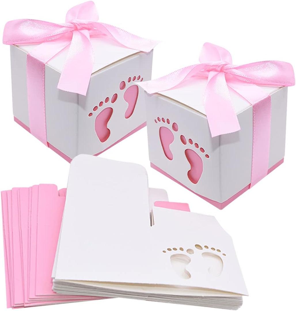 50pcs Baby Shower Party Favor Boxes, Footprint Design Candy Treat Gift Boxes for Kids Birthday Baby Shower Guests Wedding Party Supplies with Ribbon,Pink