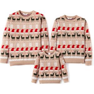 PATPAT Christmas Sweater Family Set Long Sleeve Knit Sweater Holiday Xmas Knitted Pullover (6-7 Years, Khaki Reindeer Snowflake)