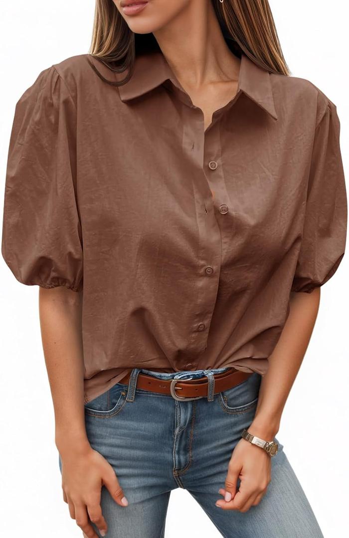 Tankaneo Women's Button Down Shirts Short Puff Sleeve Collared Dressy Casual Blouse Tops (Large, Coffee)
