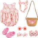 BABESIDE 16-20 Inch Reborn Baby Doll Clothes Set with 16 Inch Doll Shoes for Reborn Dolls, Summer Floral Babydoll Clothes with Bag Headband for Realistic Baby Dolls Accessories, Pink