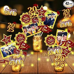 Amyhill 42 Pcs Graduation Decorations Class of 2025 Red and Gold Graduation Table Centerpieces Sticks Table Toppers with Lights for College High School Congrats Grad Party Supplies