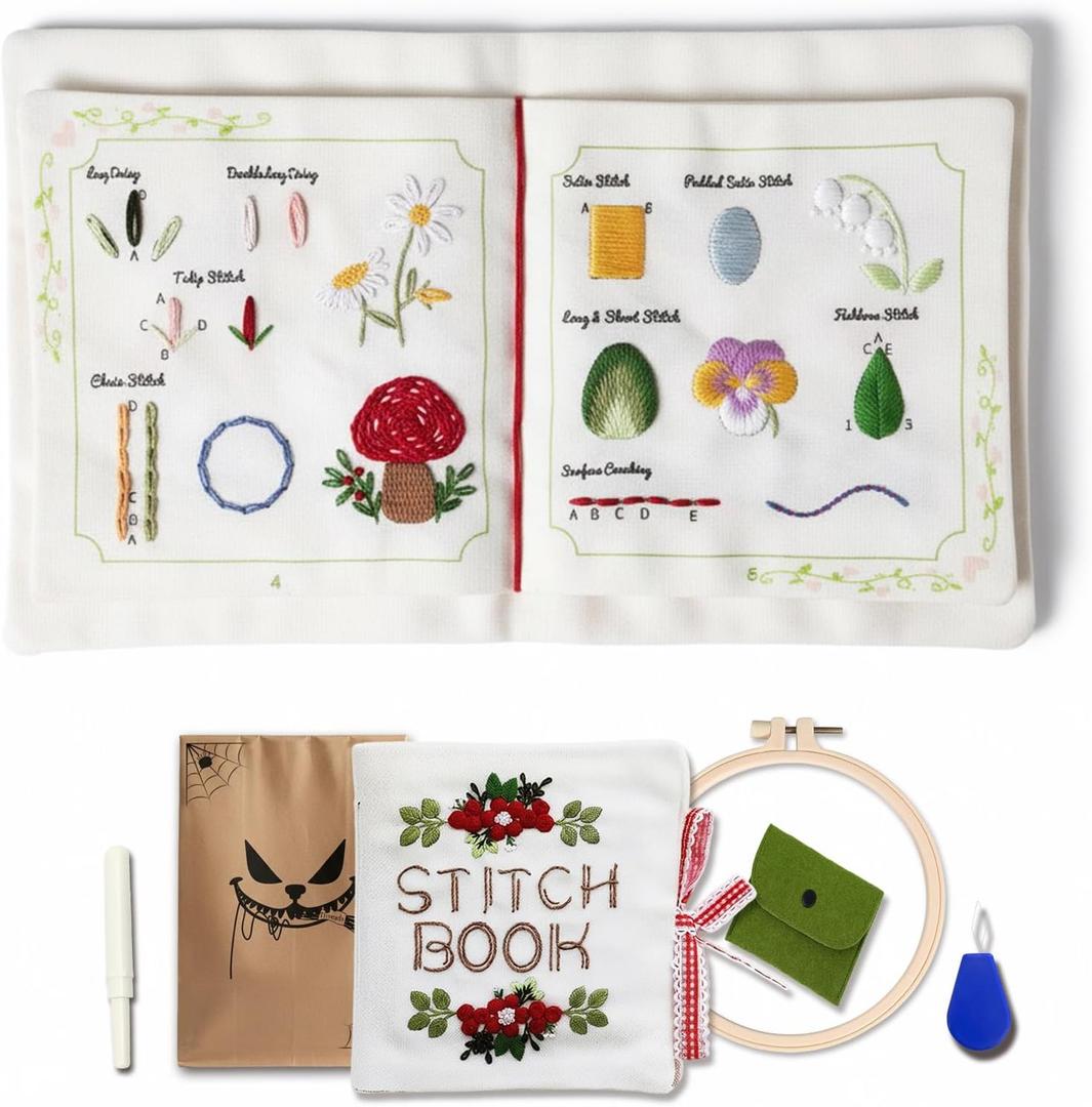 TenDawn Beginner Embroidery Stitch Book with Fabric Pages, 30 Hand Embroidery Stitches for Adults, DIY Sewing Kit with Floral Motifs, Starter Practice Patterns, Gift for Craft Lovers (Basic & Intermediate Kit)