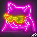Cool Cat Neon Sign for Wall Decor, Smiling Cat with Glasses LED Neon Light Sign USB Powered with Dimmable Switch, Cat Neon Light for Room Decor