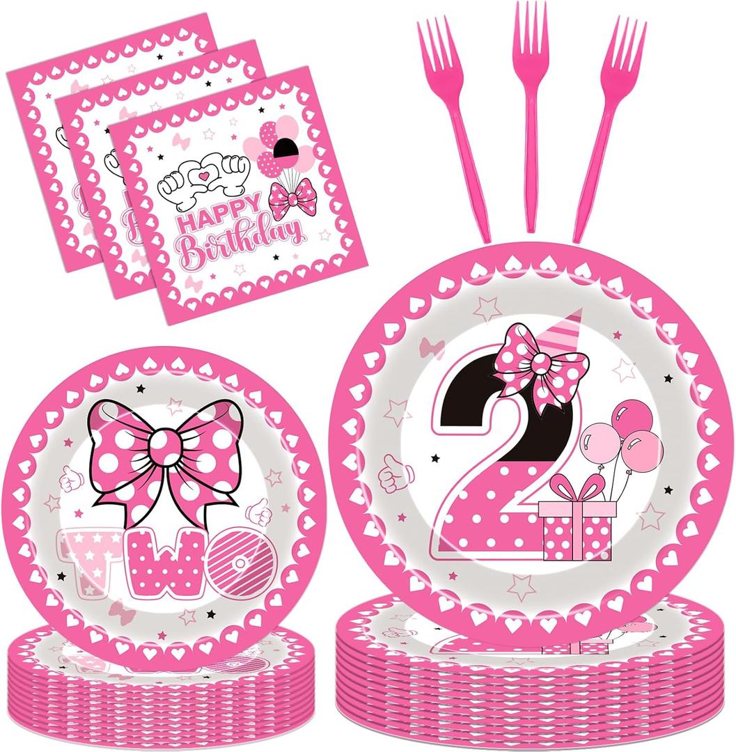 Oh Twodles Party Decorations - 96 Pcs Pink Cartoon Mouse Disposable Paper Dessert Plates Napkins Forks Tableware Set 2nd Birthday Supplies Favors for 2 Years Old Kids Girls Serves 24 Guests