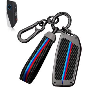 for BMW Key Fob Cover with Keychain, Carbon Fiber Metal Key Fob Case Fit for BMW 2025 2026 New X5 X7 7 iX X6 i5 M60 i7 Series, Full Protection Car Key Cover Shell Accessories for Man and Woman