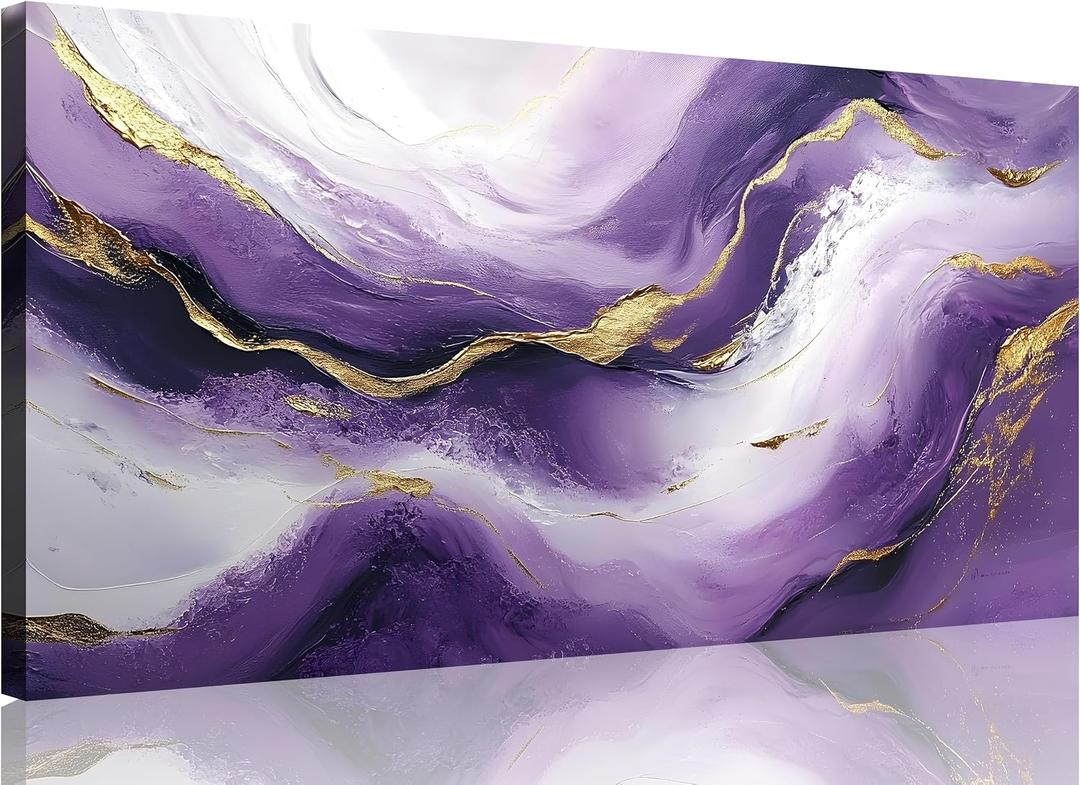 TutuBeer 1 Pcs Purple Wall Art Purple Pictures for Wall Plum Color and Gold Abstract Canvas Picture Print on Canvas Plum Color Pictures for Bedroom for Room Decor Stretched and Framed 16x32 inch