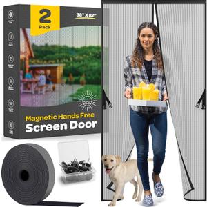 Hands-Free Magnetic Screen Door, [2 Pack] Heavy Duty, Self Sealing Screen Door Mesh Protector, Pet/Kid-Friendly, Stay-Open Buckle, Keeps Bugs Out While Letting Nature in, Fits Door (39.4" x 82.7")