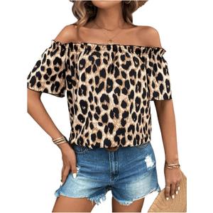 MakeMeChic Women's Off Shoulder Tops Short Sleeve Dressy Casual Spring Summer Blouses Top 2025 (X-Large, Leopard Multi)