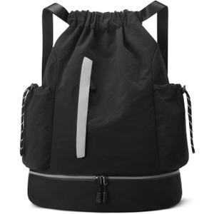 JELUTAR Drawstring Backpack for Men Women Water-Resistant Gym Bag with Shoe Compartment Lightweight String Sport Sackpack for Basketball Soccer Swimming and Travel, Black, Large