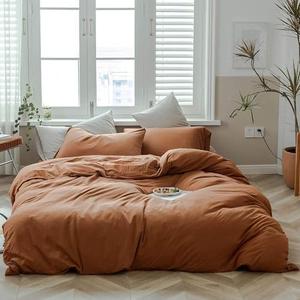 AMWAN Jersey Knit Cotton Duvet Cover Set Solid Pumpkin Color, Luxury Soft Comforter Cover Queen Size 3 Piece Bedding Set 1 Duvet Cover 2 Pillowcases Set, Pumpkin Caramel