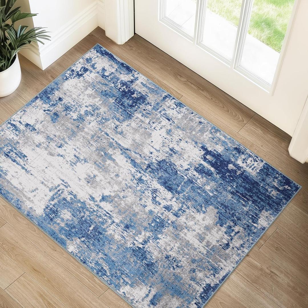RELEANY Washable Area Rugs 2'x3' Non-Slip Modern Abstract Soft for Living Room Entryway Bedroom Nursery, Print Pattern, Blue Grey Navy Gray