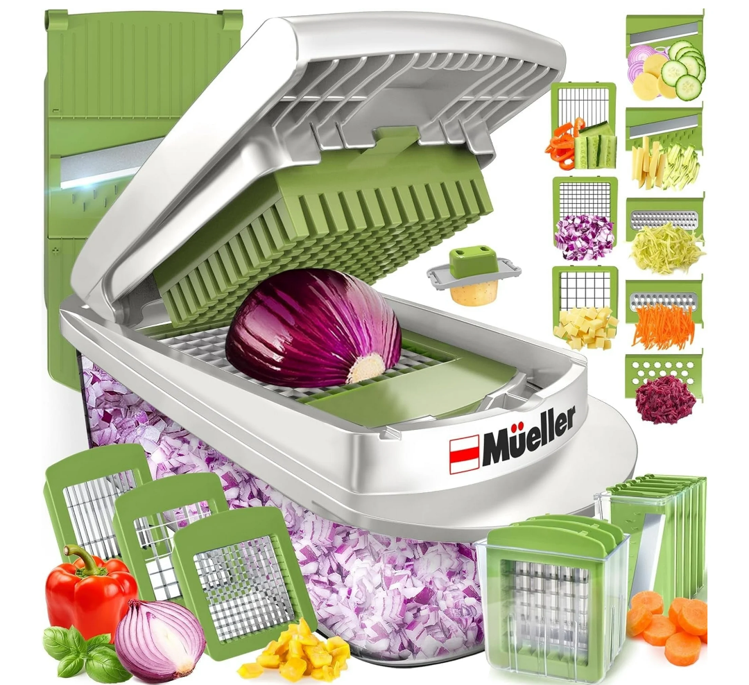 MÜELLERHOME Pro-Series 10-in-1, 8 Blade Vegetable Chopper, Onion Mincer, Cutter, Dicer, Egg Slicer with Container, French Fry Cutter Potato Slicer, Home Essentials, Salad Chopper White Sand/Green