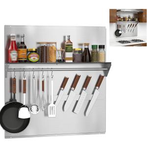 30"x30" Stainless Steel Range Backsplash, Stove Backsplash With Storage Shelf & Magnetic Knife Rack, Stainless Steel Backsplash For Stove, Range Hood Wall Shield With Pre-Drilled Holes