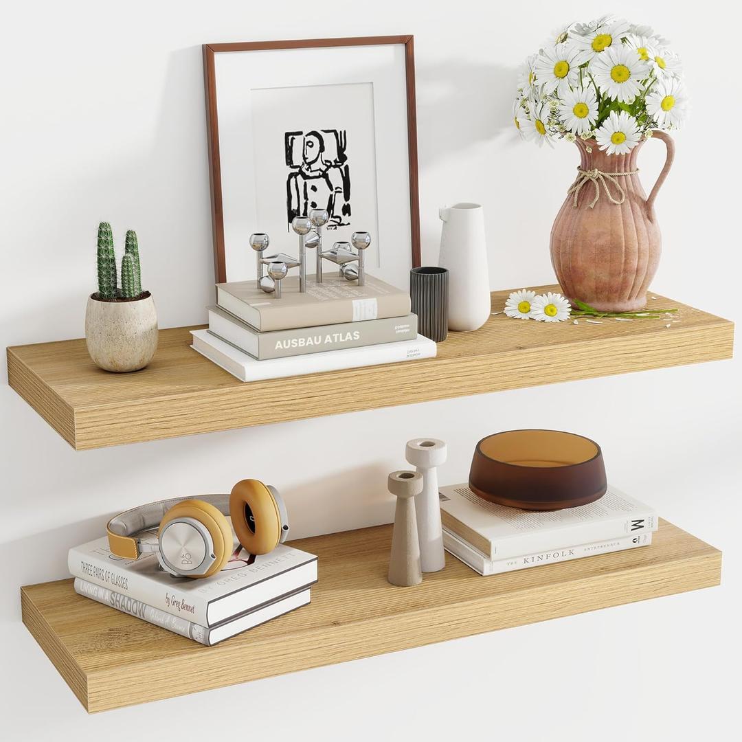 36 Inch Floating Shelves, 12 Inch Deep Floating Shelves for Wall, Floating Shelf with Invisible Brackets, Deep Shelves for Bathroom, Bedroom, Living Room, 2 Pack, Oak