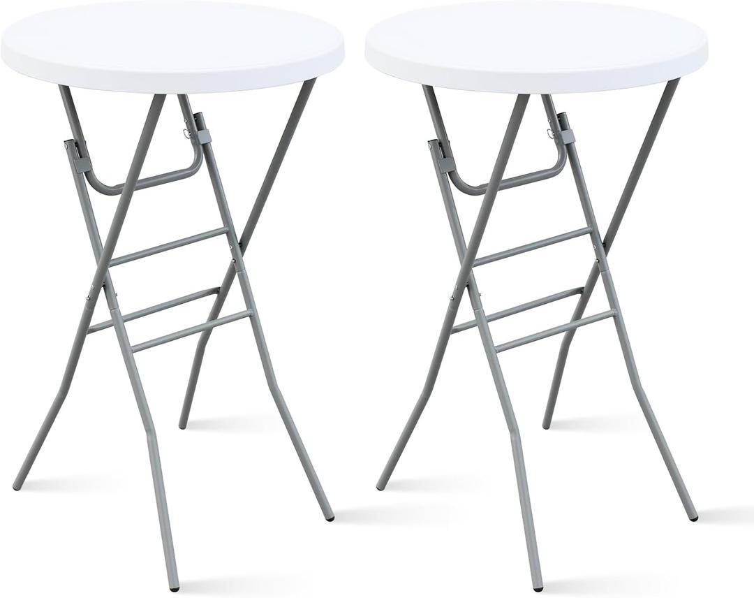 28 Round Folding Bar Table, High Top Cocktail Table with Locking Mechanism, HDPE Waterproof Stain-Resistant Top, Indoor Outdoor Patio Garden Party, White, 2 PCS