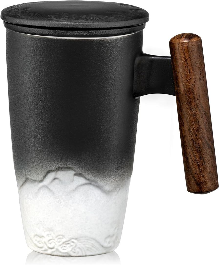 suyika Tomotime Ceramic Tea Cup with Infuser and Lid Tea Mugs Wooden Handle 400ml/13.5oz Black (02-Black & White)