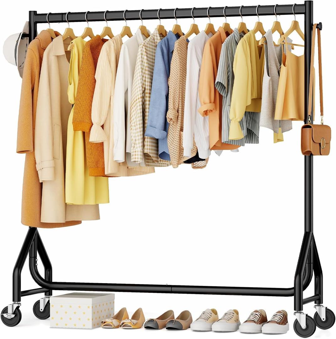 HYSEYY Clothes Clothing Rack, Rolling Heavy Duty Clothes Rack Load 420 LBS With Wheels, Metal Clothes Rack for Hanging Clothes, Portable Standing Clothes Garment Rack, Black,48 inches