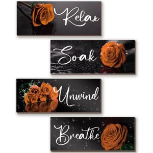 ZINYAZHE 4Pcs Orange Bathroom Decor Rose Wall Decor Wooden Orange Bathroom Accessories with Relax Soak Unwind Breathe Wall Art For Girl Women Bedroom Living Room Home Decoration (10 X 4 Inch)