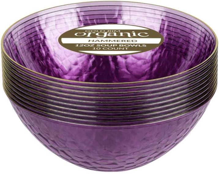 12 oz Purple/Gold Rim Hammered Bowls - Disposable Plastic Catering and Party Bowls - Case of 1200