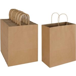 Oikss 100 Pack 10x5x13 Plain Natural Brown Kraft Paper Bags with Handles Bulk for Birthday Party Favors Grocery Retail Shopping Business Goody Recycled Craft Gift Bags (Large Size, 100 Count)