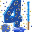 16 Inch Number 4 Double Sided Printing Blue Gold Ring Pinata with 16 Inch Piñata Stick Blindfold Confetti for Boy Girl Kids 4th Birthday Party Decorations (4th)
