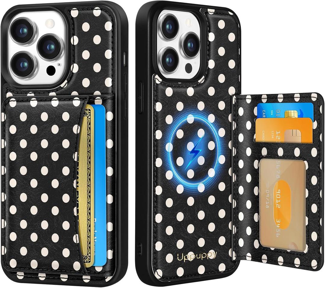 Uppuppy for iPhone 12/12 Pro Case with Wallet - Fits 4 Card Slots, Compatible with MagSafe for Women Aesthetic PU Leather Credit Card Holder Kickstand Phone Cover for Apple 12/12 Pro, Black Polka