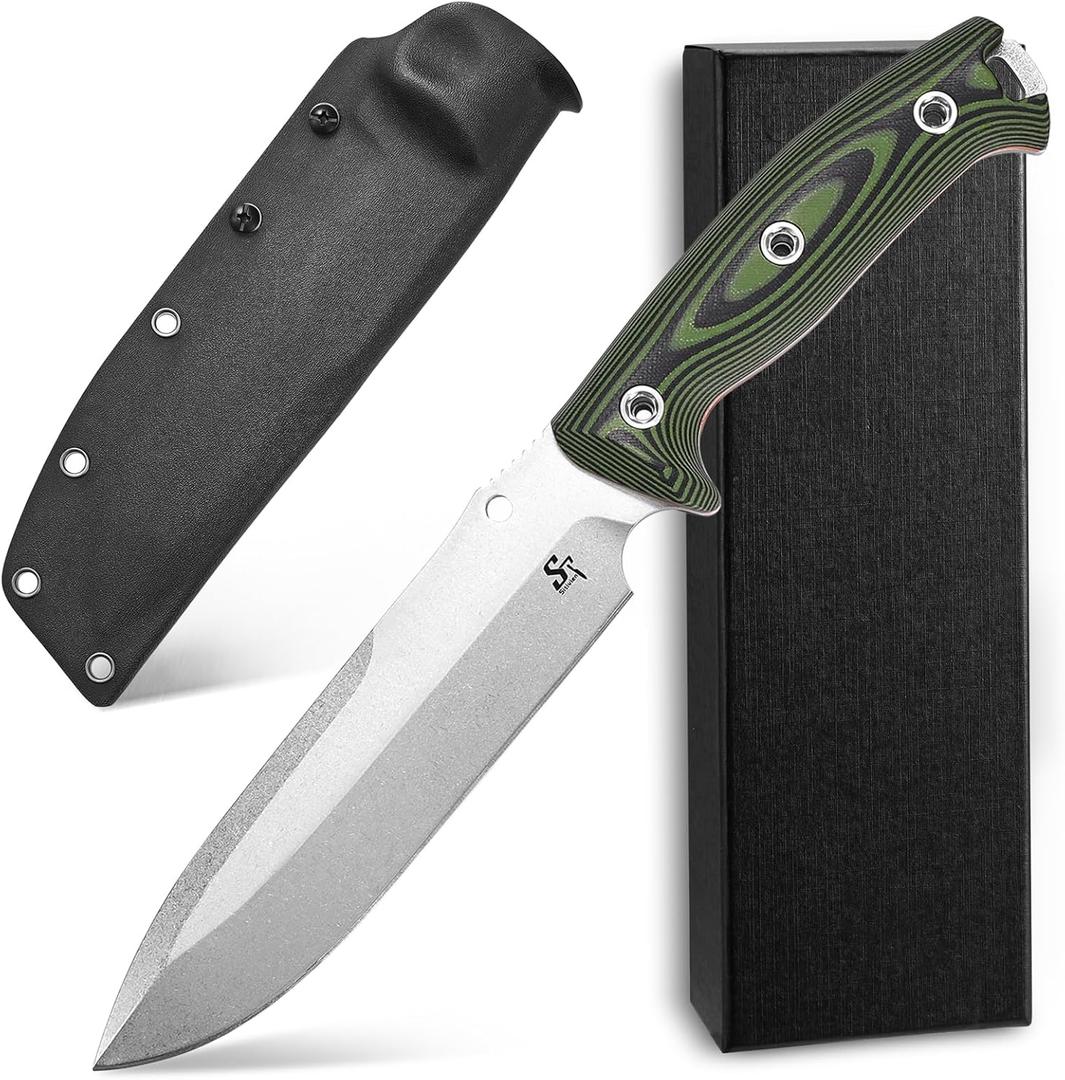 Sitivien ST11 Fixed Blade Knife DC53 Stonewashed Steel Blade Double Color G10 Handle Full Tang Knife for Outdoor Camping Hiking Hunting Fishing(Silver)