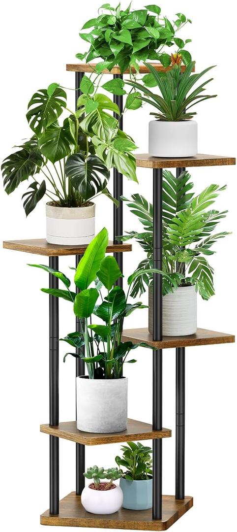 YOCOMEY 6 Tier Wood Tall Plant Stand Metal Rack Indoor, Multiple Flower Pot Holder Shelves Corner Rack, Planter Shelf Display Rack Storage Organizer for Patio Living Room Balcony Garden(Black)