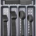21-Piece Modern Black Silverware Set with Organizer Tray Stainless Steel Eating Utensil Sets Kitchen Knives Forks and Spoons Cutlery Set Heavy Duty Tableware Flatware Sets for 4, Dishwasher Safe (12.8" x 11.3")