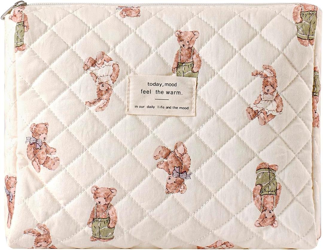 uekeboag Quilted Cotton Makeup Bag,Coquette Quilted Toiletry Bag for Women and Girls,Floral Coquette Pouch,Cute Kawaii Travel Cosmetic Bags(White Bear)