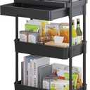 Calmootey 3-Tier Rolling Utility Cart with Drawer,Multifunctional Storage Organizer with Plastic Shelf & Metal Wheels,Storage Cart for Kitchen,Bathroom,Living Room,Office,Black