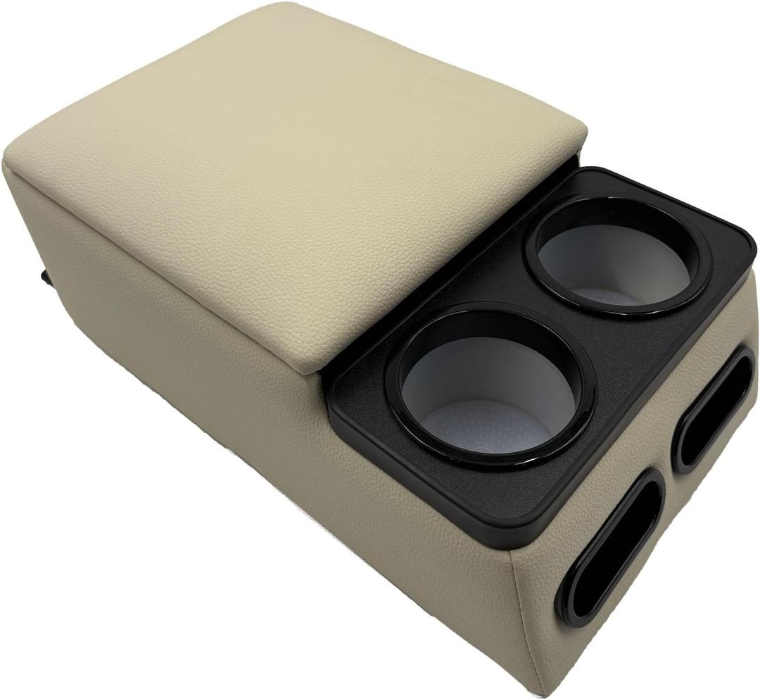 Car Center Console with Cup Holders, Universal Truck Bench Seat Organizer, Back Seat Storage (Beige)
