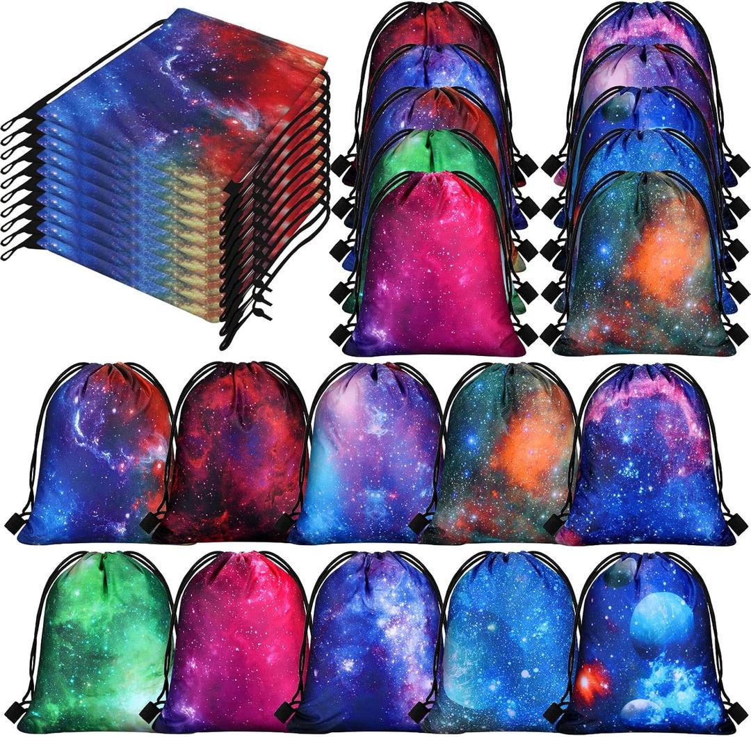 Lothee 30 Pcs Galaxy Party Favor Bags Space Drawstring Bags Starry Night Sky Backpack Galaxy Treat Candy Birthday Party Supplies for Kids Gifts