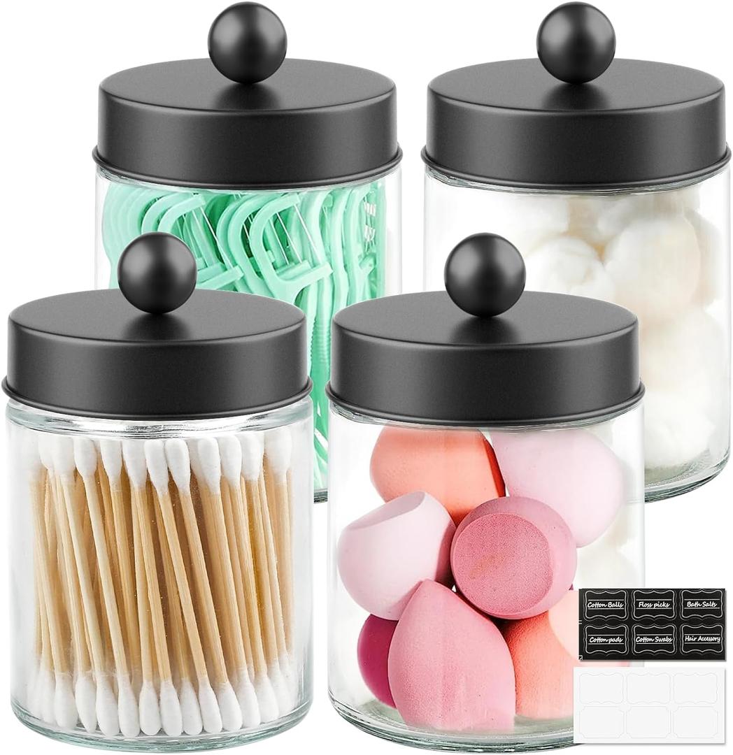 4 Pack Glass Apothecary Jars with Lids for Bathroom, Cute Qtip Holder, Black Bathroom Accessories Set, Small Bathroom Canisters with Lids for Q-Tips, Cotton Swabs, Black Bathhouses Decor