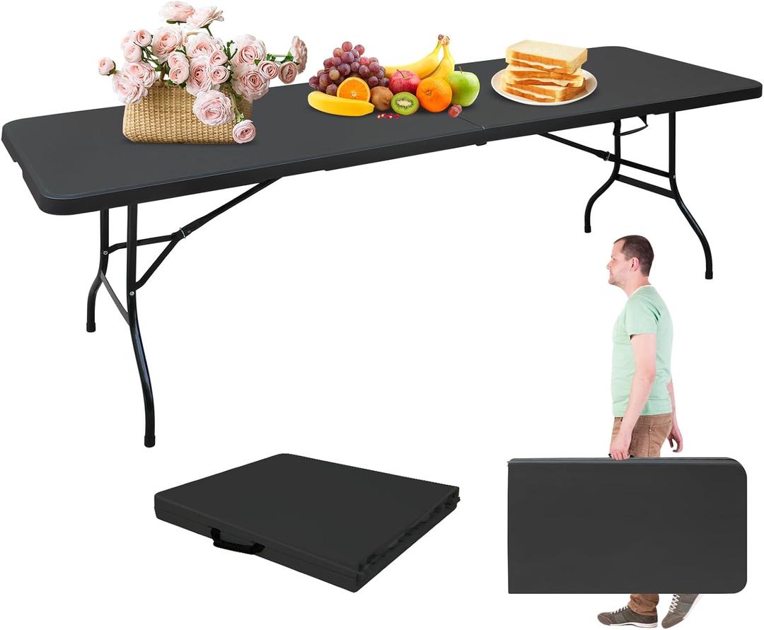 Portable 8Ft Folding Table, Heavy Duty Plastic Fold-in-Half Utility Foldable Dining Table, Multi-Purpose Plastic Folding Table with Carrying Handle for Camping and Party Indoor/Outdoor (Black)