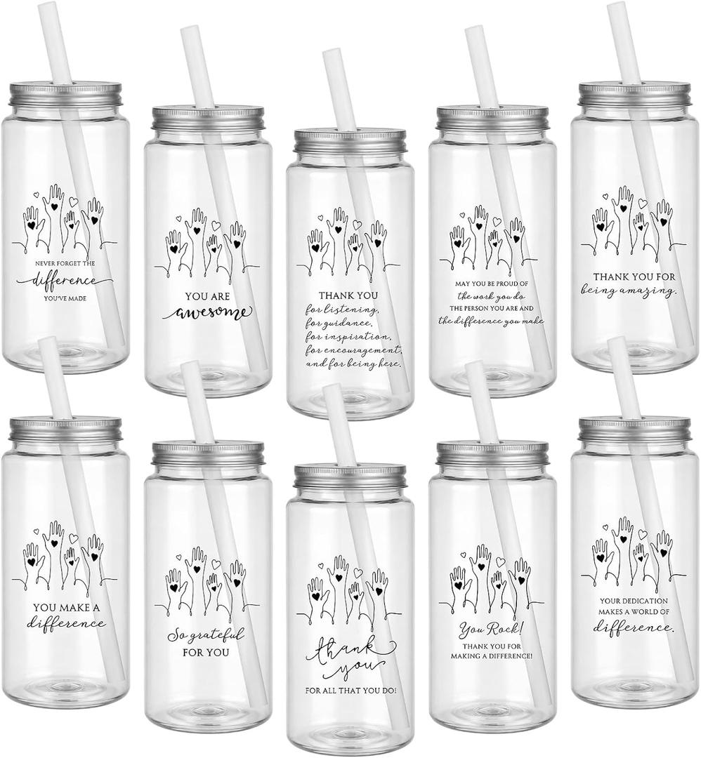 Skylety 10 Sets Volunteer Appreciation Gifts Bulk Thank You Administrative Professional Reusable Cups 14 oz Cup with Lid Inspirational Staff Appreciation Gifts for Volunteer Coworkers