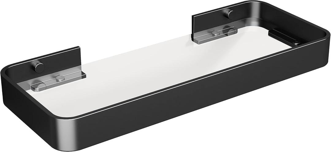 Danpoo 12-Inch Wall Shelf, Clear Tempered Glass with Matte Black Aluminum Frame  Versatile Floating Bathroom Organizer