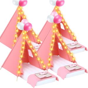 Windyun 4 Pack Kids Teepee Tent for Slumber Party with Mattress and Lights, Sleepover Tents for Girls Boys Indoor Outdoor Cotton Teepee with Airbed Tray Blanket Birthday Party Supplies(Pink)