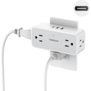 Multi Plug Outlet Splitter, TESSAN 4 Wall Outlet Extender with 3 USB Wall Charger(1 USB C), Surge Protecter 900J, Widely Spaced Multiple Plug Expander (Grey)