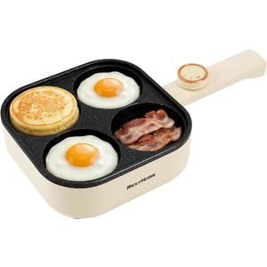 Electric Egg Pan Nonstick: No Stove Needed 900W Granite 4-Cup Omelette Pan with 2 Power Adjustable, Breakfast Non Stick Frying Pans Skillet for Eggs, Pancakes, Crepes, Plett and More
