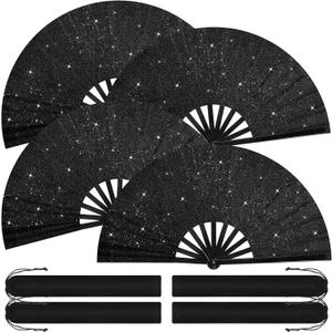 Blulu 4 Pcs 13 Inch Large Folding Hand Fans Bulk Giant Clapping Popping Rave Fans Foldable for Line Dancing Boots on The Ground Festival Party Decoration (Glitter Black,Chic Style)