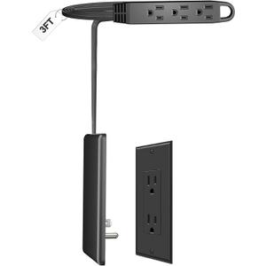 3FT Ultra Flat Plug Extension Cord Power Strip with 3 Outlets, Patented Detachable Ultra-Thin Outlet Cover Concealer & Ultra-Flat Plug, Max. 13A 125V 1625W ETL Listed, Black Color