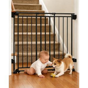 Baby Gate for Stairs, Doorways & Hallways with Auto Close 26.4"-43" W x 39" H, Extra-Wide Walk Thru and No Bottom Bar for Easy Access, Adjustable Safety Gate for Dogs & Toddlers, Black