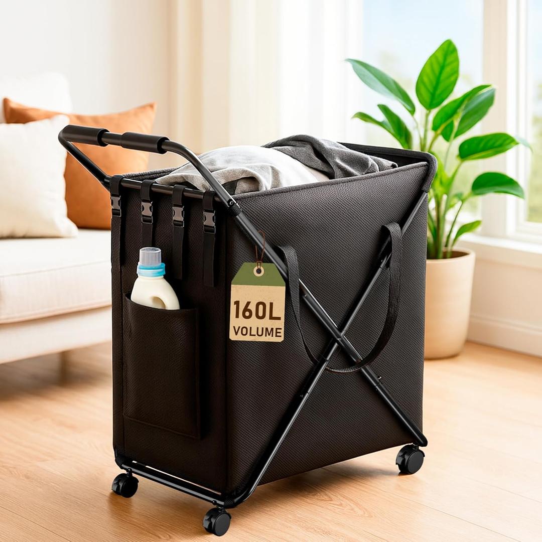 Laundry basket with Wheels 43 Gal (160L), Large & Tall Rolling Laundry Hamper, Metal Frame, Handle, and Removable Water-Resistant Bag, Suitable for Laundry Room, Bedroom (Black)