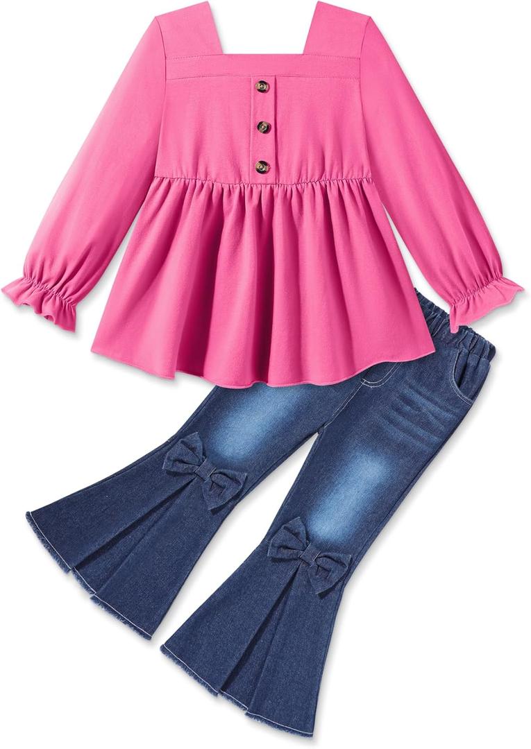 Toddler Girl Clothes Clothing Set Ruffle Long Sleeve Shirt with Flare Bow Jeans for 18M-7Y (2-3T, Pink)