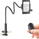 Locthal Kindle Holder with Page Turner Ring, Tablet Holder for Reading Acessories in Bed with Slient Remote Clicker, eReader Stand Compatible with Fire iPad iPhone (Black)