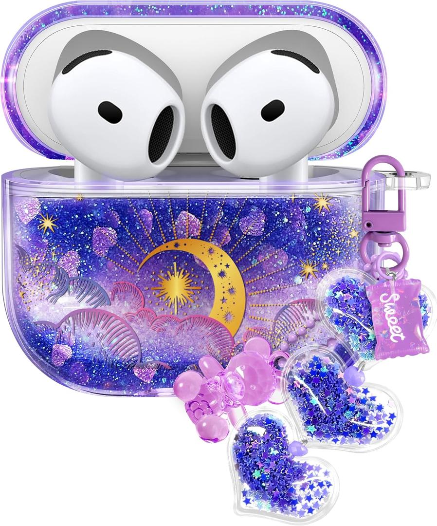 Coralogo for Apple for Airpods 4 Case - Women Girls Cute Girly Kawaii 4th Generation for Airpods Cover Glitter Liquid Sparkle Purple Moon Hard Shell Keychain Funda Estuche Forro para Airpod 4 Gen