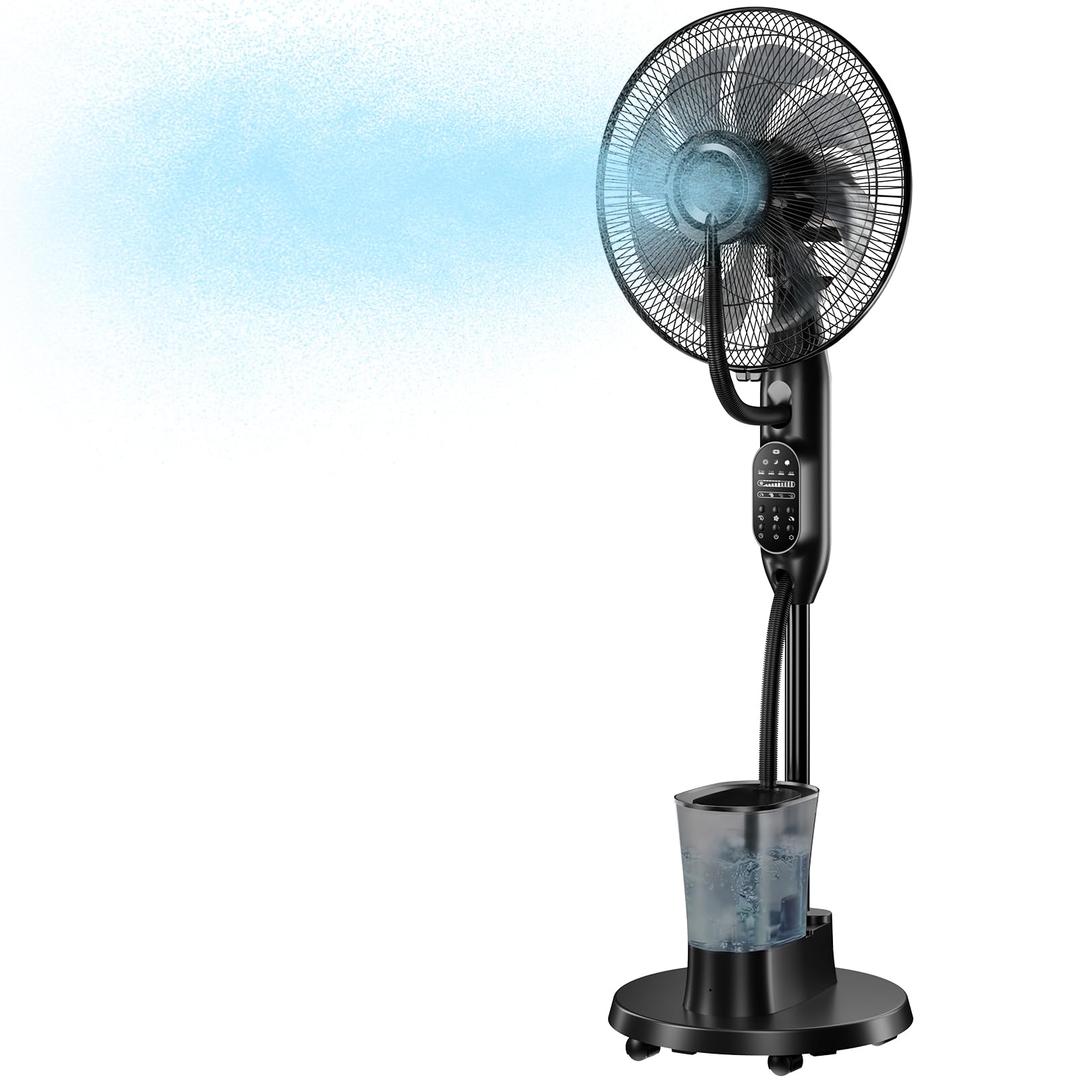 Misting Fan, Standing Fan 8 Blades with Humidifier, Oscillating Fan with 3 Misting Modes 9 Speeds 7H Timer, Quiet Fan for Bedroom