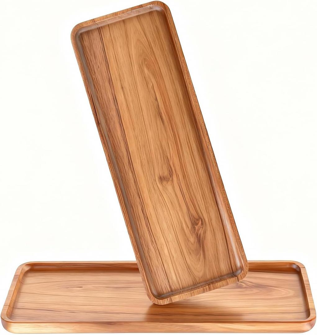 Handcrafted Acacia Wood Decorative Tray 2 Pack Multi-Functional Candle Tray, Smooth Polished Surface with Raised Edges,Stylish Wooden Accent for Living Room, Bedroom, or Bathroom-11.4*4.1*0.59 inches