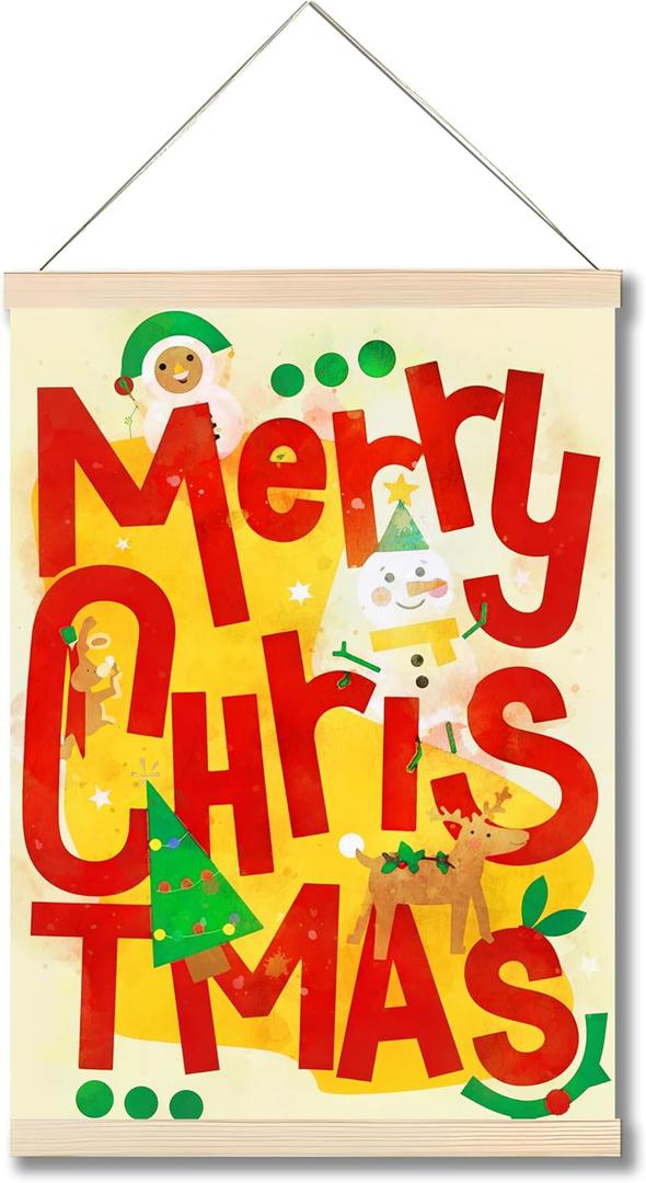 Forest Charger Christmas Wall Art Poster Canvas Print, Festive Cartoon Snowman Deer Tree Design, Merry Xmas Wall Decor for Home Living Room Bedroom Party, 12x16 Inches